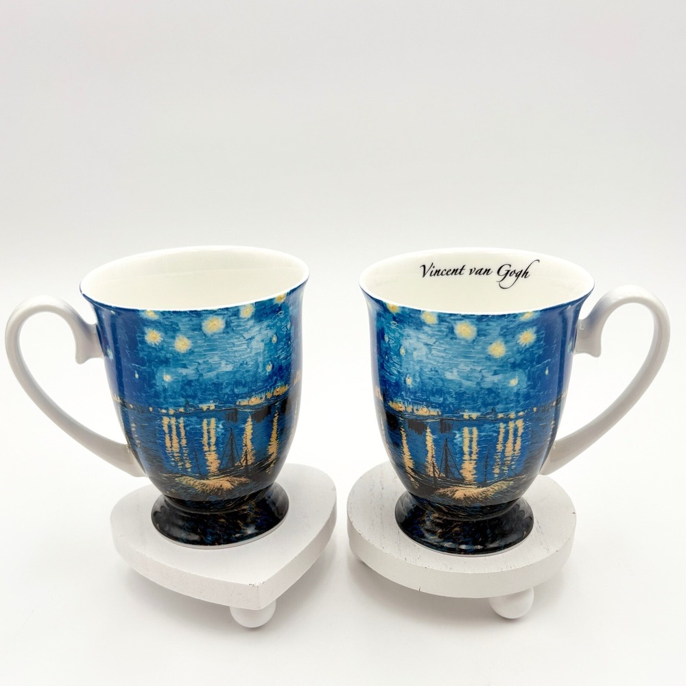 Set Of 2 Starry Night Vincent Van Gogh Tea‎ Mug 10 Oz Bone China By Stechcol